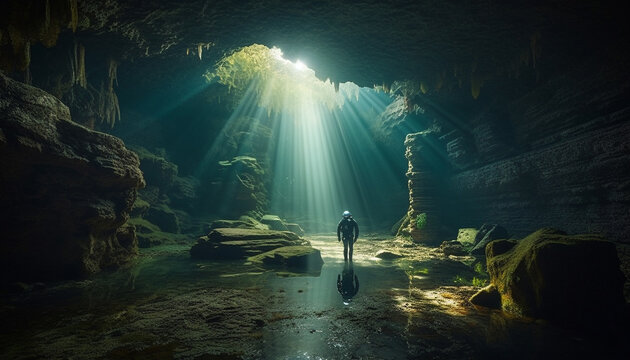 One person adventure exploring the deep, dark underwater grotto generated by AI