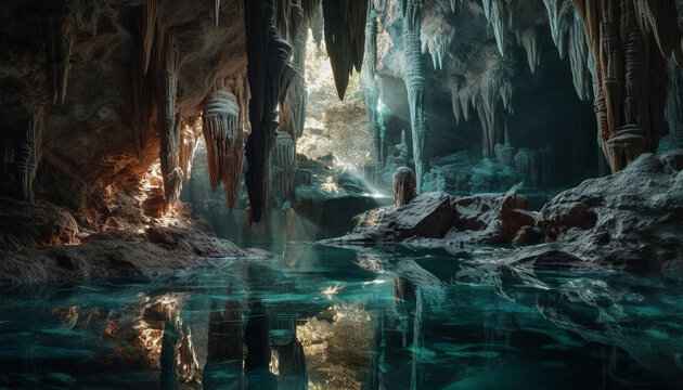 Adventure in majestic cave frozen stalactites reflect tranquil beauty generated by AI