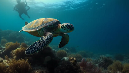 Obraz premium Multi colored sea turtle swimming in idyllic underwater reef environment generated by AI