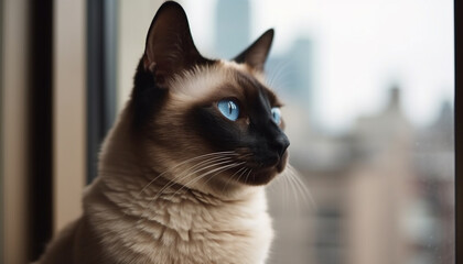 Blue eyed kitten staring outdoors, cute and fluffy with softness generated by AI