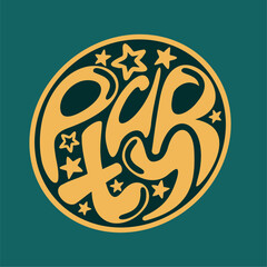 Party. Word with stars in round shape. Golden elements on dark green background.
