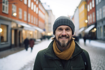 Fototapeta premium Portrait of a young smiling man standing on the city street in Stockholm