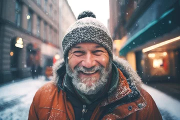 Poster Im Rahmen Portrait of a smiling  senior man standing on the city street in Stockholm © Jasmina