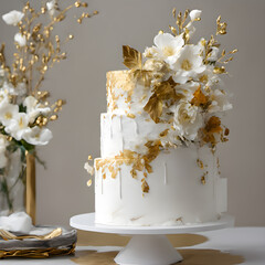 wedding cake standing tall, adorned with delicate white frosting and complemented by intricate gold touches
