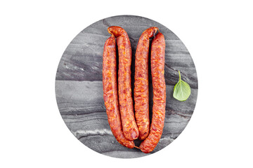 smoked sausage meat pork, beef, fresh appetizer meal food snack on the table copy space food background rustic top view