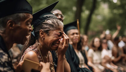 Fototapeta premium African and Caucasian youth celebrate outdoors in a carefree crowd generated by AI