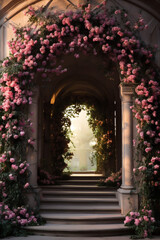 Fototapeta na wymiar arch in the garden, Pink Roses, Photography Background, backdrop. 