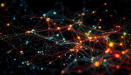 Obraz premium Futuristic backdrop with glowing multi colored geometric shapes and data patterns generated by AI