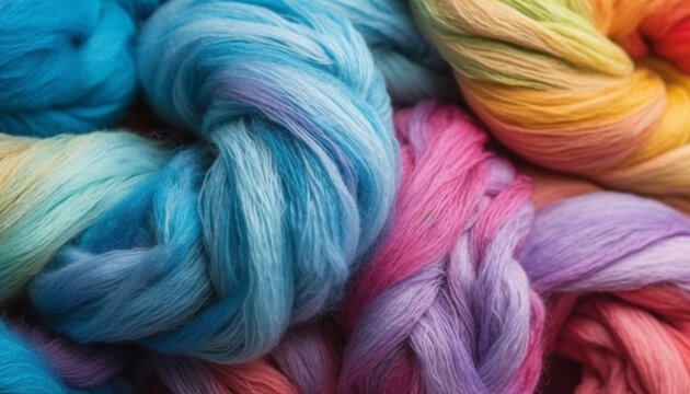 Vibrant colors of wool spools in a row for knitting generated by AI