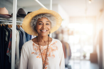 Portrait of a hipster smiling senior black woman, clothing store owner	