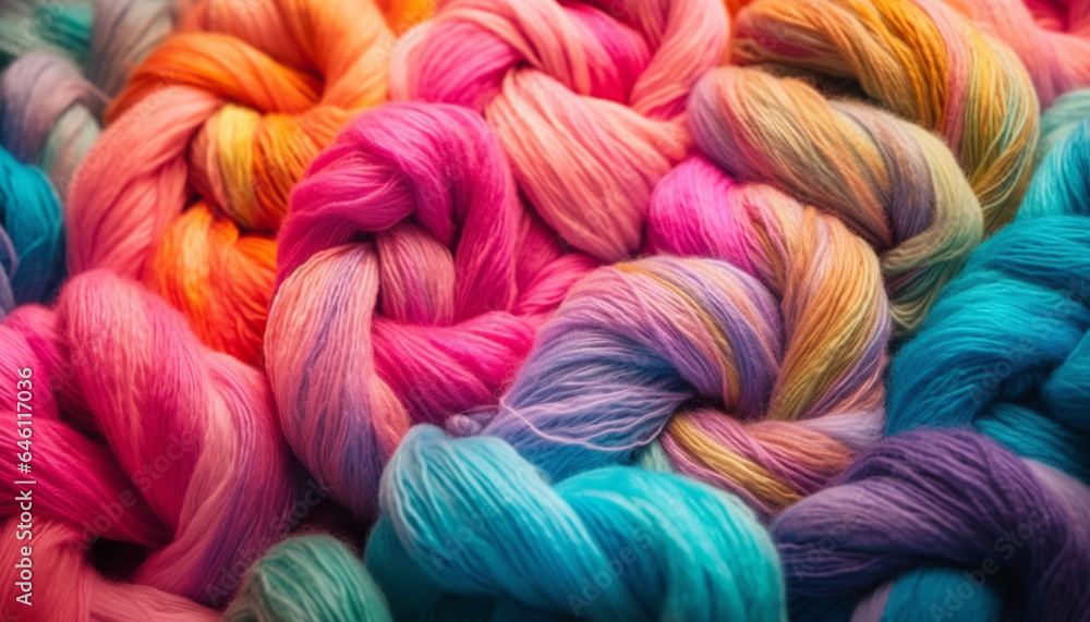 Poster vibrant colors of wool spools woven into abstract patterns generated by ai
