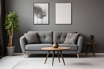 Interior design of a modern living room with a gray sofa, paintings mockup on the wall and large houseplant, cozy atmosphere for rest