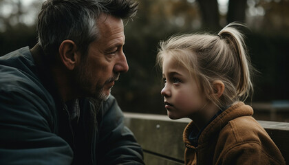Fototapeta premium Father and son embracing, smiling in nature beauty, enjoying togetherness generated by AI