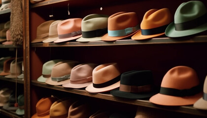 A large collection of men headwear on display in store generated by AI