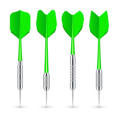 Green dart arrows with metal tip and shadow. Dart throwing sport game, dartboard equipment. Vector illustration