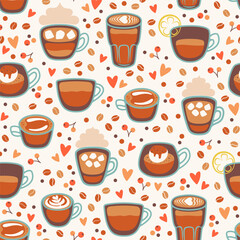 Seamless pattern with different coffee cups. Latte, espresso, cappuccino, affogato, romano. Vector illustration.