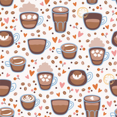 Seamless pattern with different coffee cups. Latte, espresso, cappuccino, affogato, romano. Vector illustration.