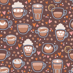 Seamless pattern with different coffee cups. Latte, espresso, cappuccino, affogato, romano. Vector illustration.
