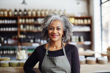 Portrait of a smiling senior black woman, healthy food store owner