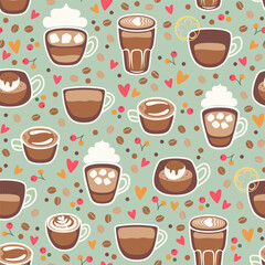 Seamless pattern with different coffee cups. Latte, espresso, cappuccino, affogato, romano. Vector illustration.