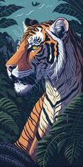 Ultra-detailed portrait of a majestic single tiger in the Jungle with a mountain sunset background