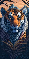 Ultra-detailed portrait of a majestic single tiger in the Jungle with a mountain sunset background