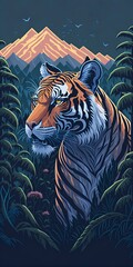 Fototapeta na wymiar Ultra-detailed portrait of a majestic single tiger in the Jungle with a mountain sunset background