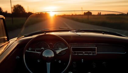 Fototapeta na wymiar Vintage sports car driving on rural road at sunset generated by AI