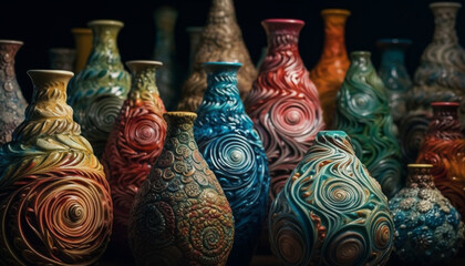 Multi colored antique ceramics jar, ornate design, Turkish culture decoration souvenir generated by AI