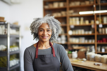 Portrait of a smiling senior black woman, healthy food store owner