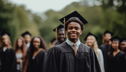 A group of successful, cheerful students in graduation gowns generated by AI