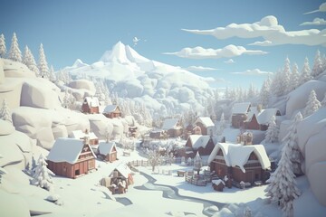 A wintery scene of a village surrounded by low-poly snowy terrain. Generative AI