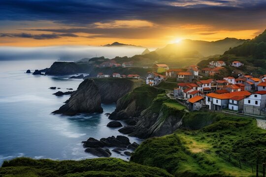 Calming sunrise over coastal village in Asturias, Spain. Serene first light on August 9, 2022. Generative AI