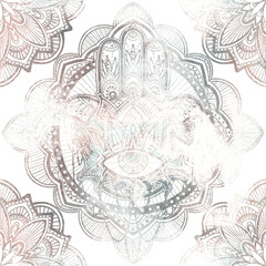 Fototapeta premium Transparent boho Metallic Mandala Hamsa Hand Zen Seamless Pattern