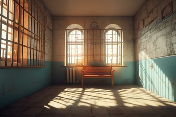 Interior of prison cell lit by bright window and barred. Generative AI