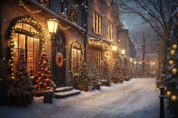 Fototapeta na wymiar A charming winter street decorated with festive lights and snow. Nostalgic Christmas evening setting. Generative AI