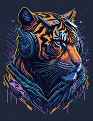 Colorful graffiti illustration of a Tiger as a DJ, wearing headphones, vibrant colors, Digital art