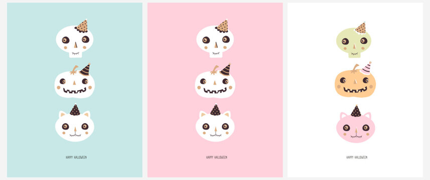 Funny Hand Drawn Halloween Vector Cards. Set of 3 Prints with Skull, Pumpkin and Cat on a Pastel Pink, Light Blue and White Background. Halloween Party  Illustrations. RGB Colors.