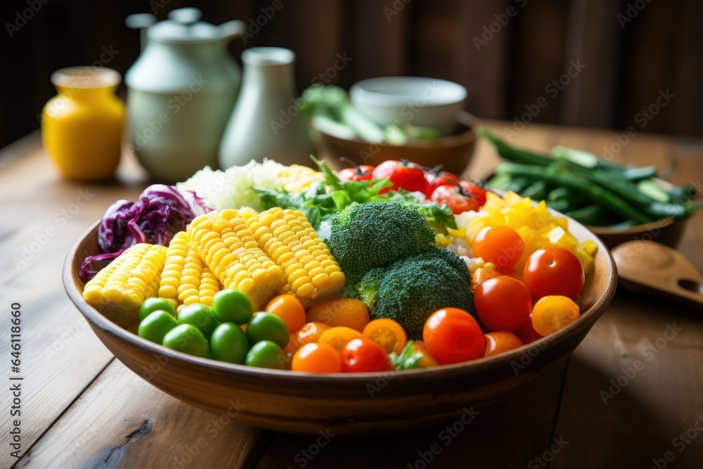 Wall mural Delicious Fresh and Healthy Vegetables and Fruits Assortment in a Plate. Generative AI.