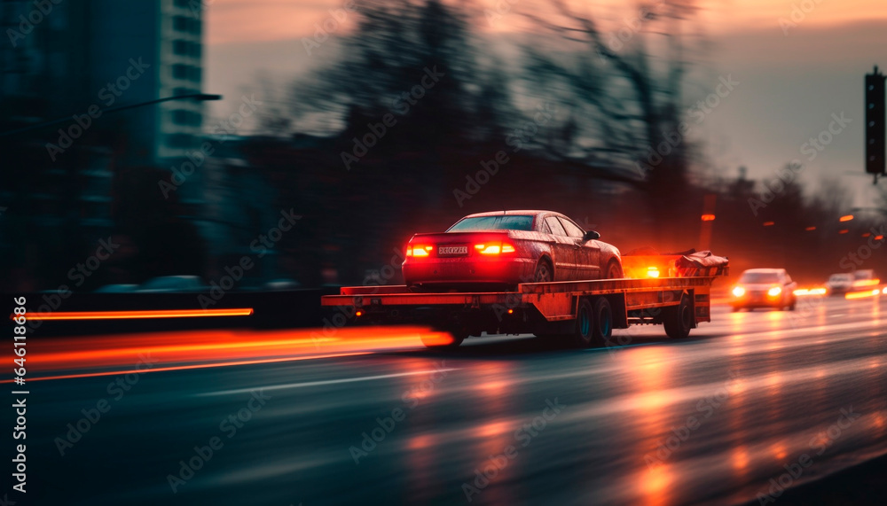 Poster nighttime rush hour on illuminated multiple lane highway creates urgency generated by ai