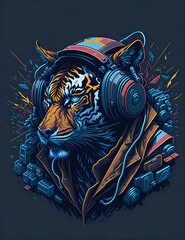 Colorful graffiti illustration of a Tiger as a DJ, wearing headphones, vibrant colors, Digital art
