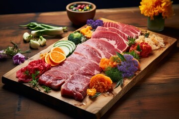 Delicious Raw Meat and Vegetables Assortment on a Wooden Plate. Generative AI.