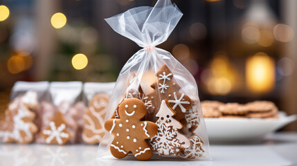 Gingerbread cookies in a bag on a background of Christmas decorations - obrazy, fototapety, plakaty