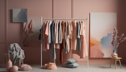 Fashionable domestic room with modern design, elegant clothing collection hanging generated by AI
