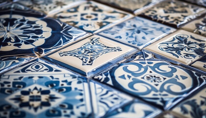 Fototapeta na wymiar Ornate ceramic tile flooring showcases vibrant cultural history outdoors generated by AI