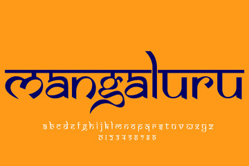 Indian City mangaluru text design. Indian style Latin font design, Devanagari inspired alphabet, letters and numbers, illustration.