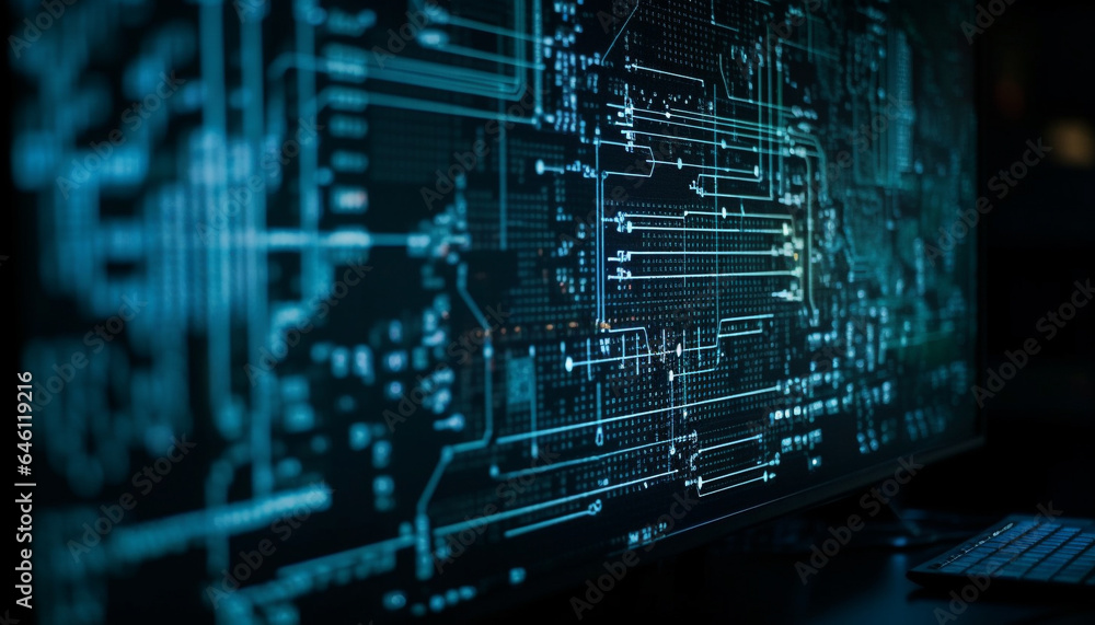 Poster futuristic circuit board glows blue, connecting computer parts in complex order generated by ai