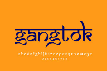 Indian City Gangtok text design. Indian style Latin font design, Devanagari inspired alphabet, letters and numbers, illustration.