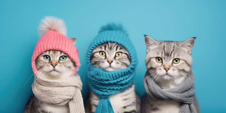 Group of funny cute cats wearing a knitted scarves and hats on a soft blue background