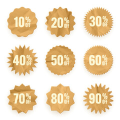 Crumpled paper price tags. Special offer or shopping discount label with percent, discount percentage value. Retail sticker with cardboard texture. Promotional sale badge. Vector illustration